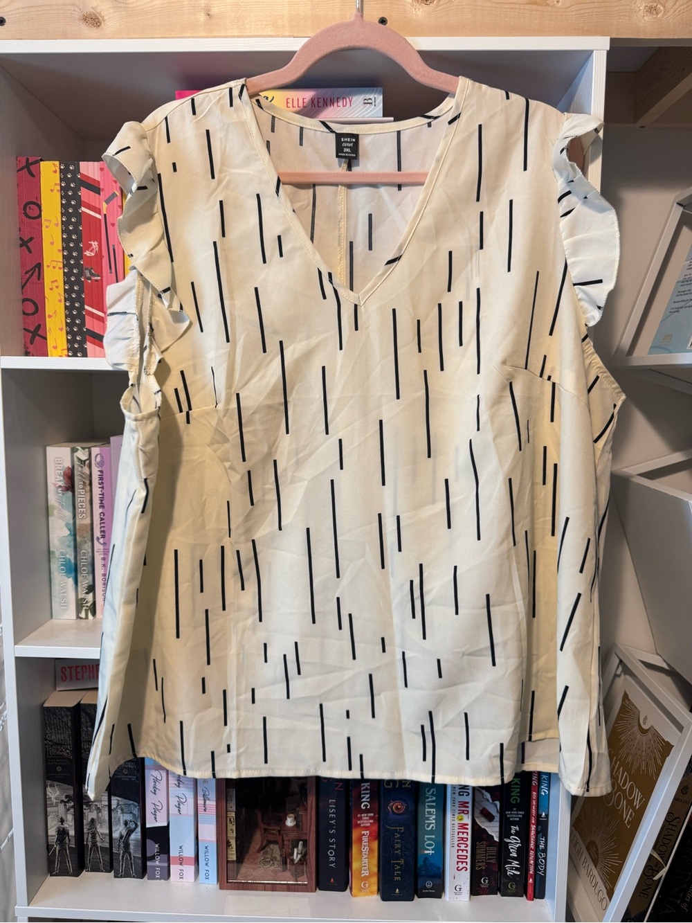 Cream Ruffle Sleeve V-Neck Top with Black Dash Print